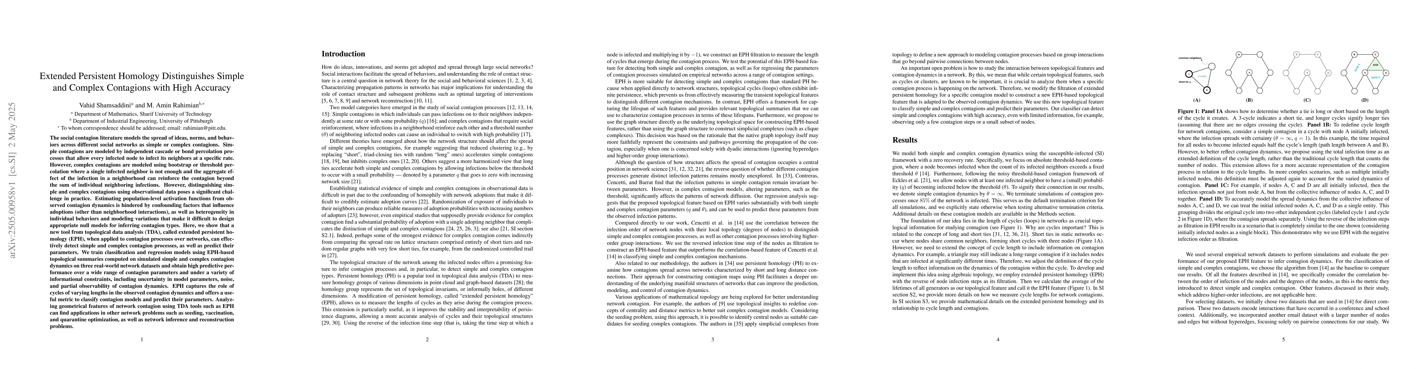 Thumbnail for Extended Persistent Homology Distinguishes Simple and Complex Contagions
  with High Accuracy