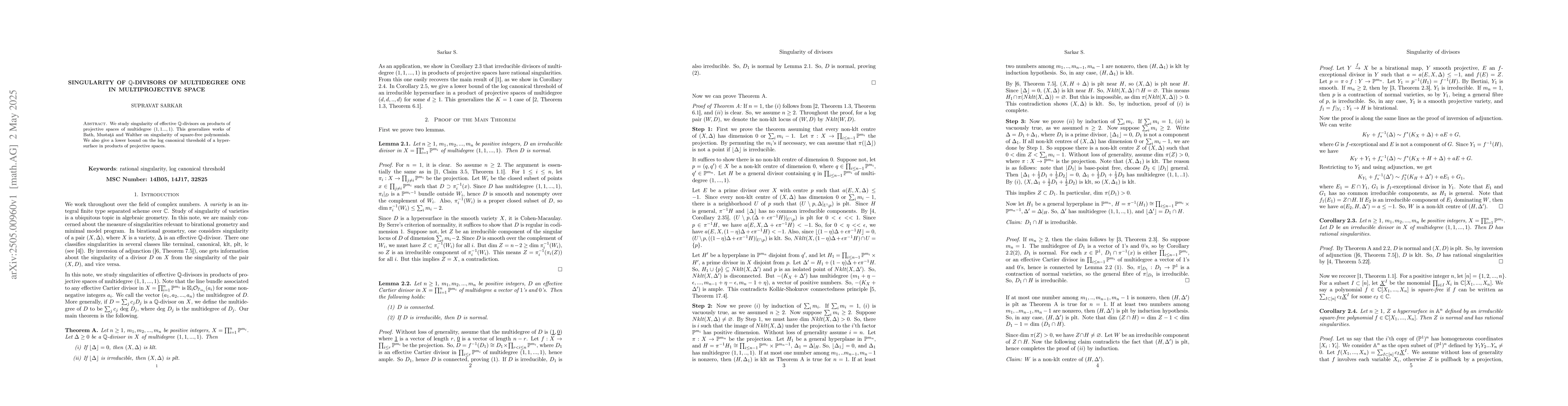 Thumbnail for Singularity of $\mathbb{Q}$-divisors of multidegree one in
  multiprojective space