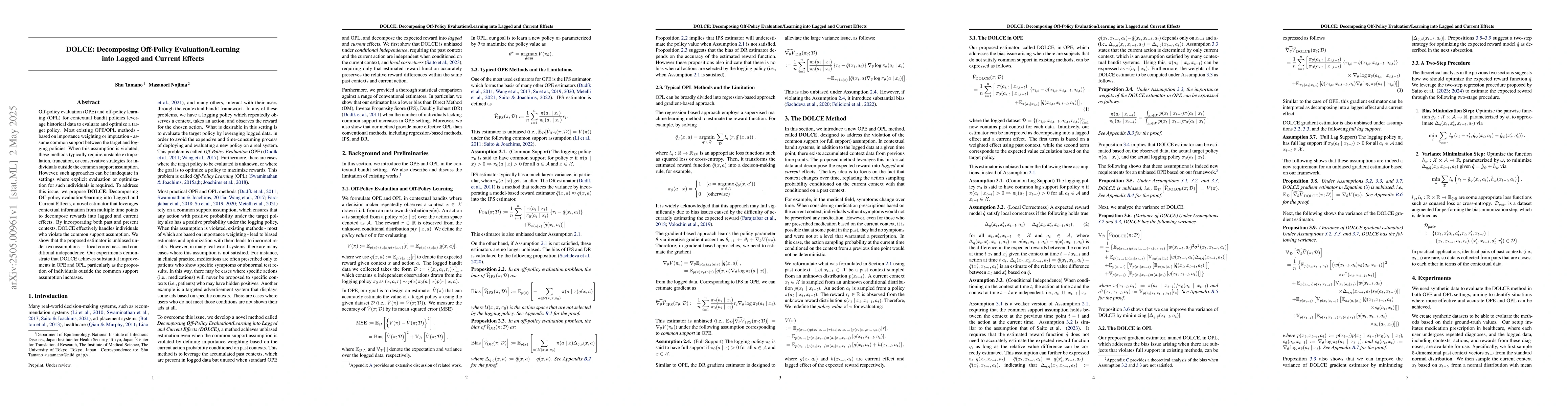 Thumbnail for DOLCE: Decomposing Off-Policy Evaluation/Learning into Lagged and
  Current Effects