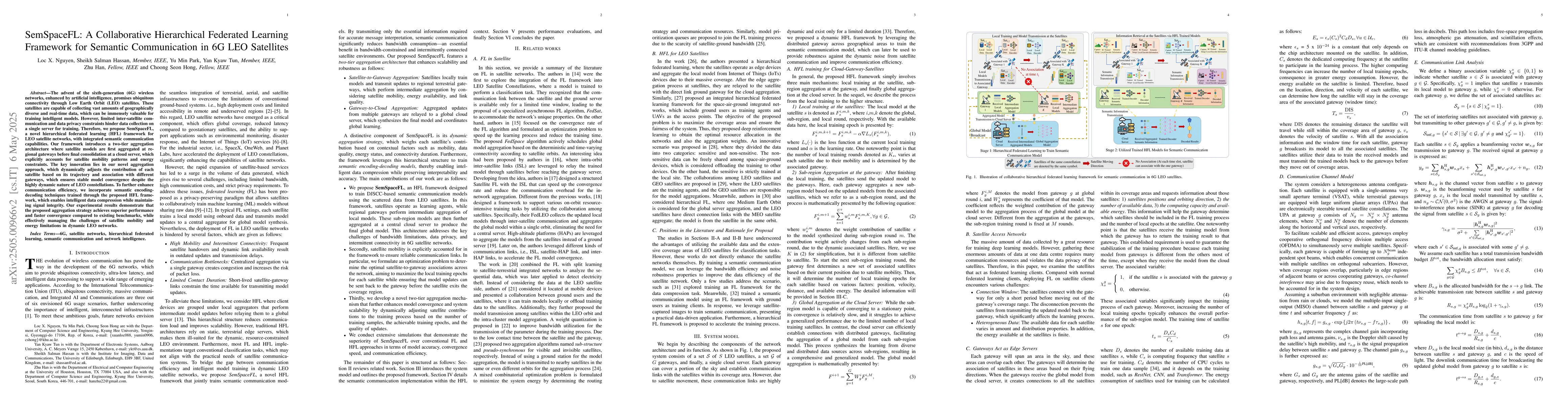 Thumbnail for SemSpaceFL: A Collaborative Hierarchical Federated Learning Framework
  for Semantic Communication in 6G LEO Satellites
