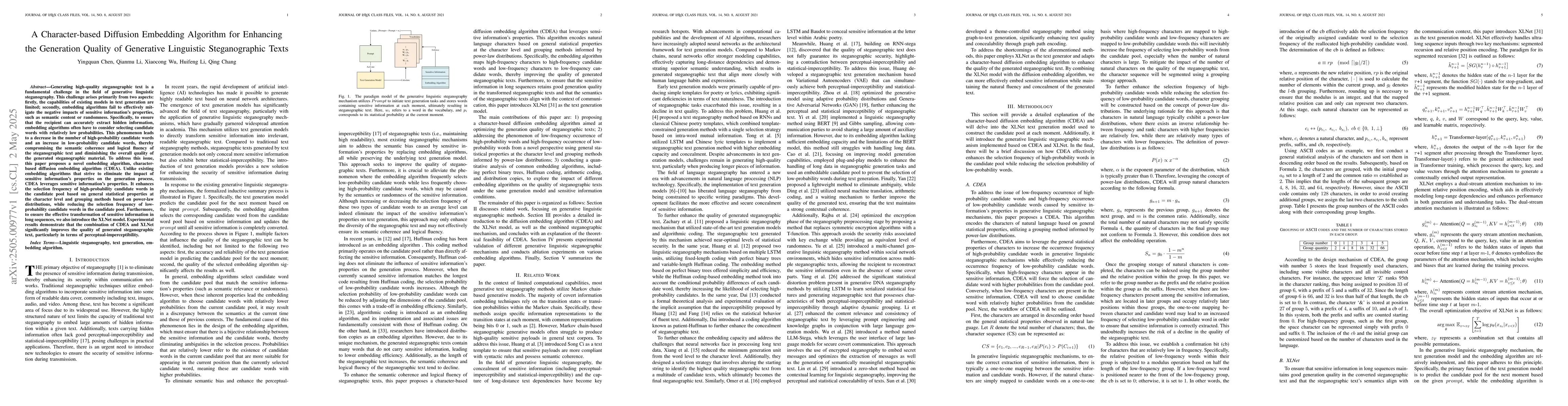 Thumbnail for A Character-based Diffusion Embedding Algorithm for Enhancing the
  Generation Quality of Generative Linguistic Steganographic Texts