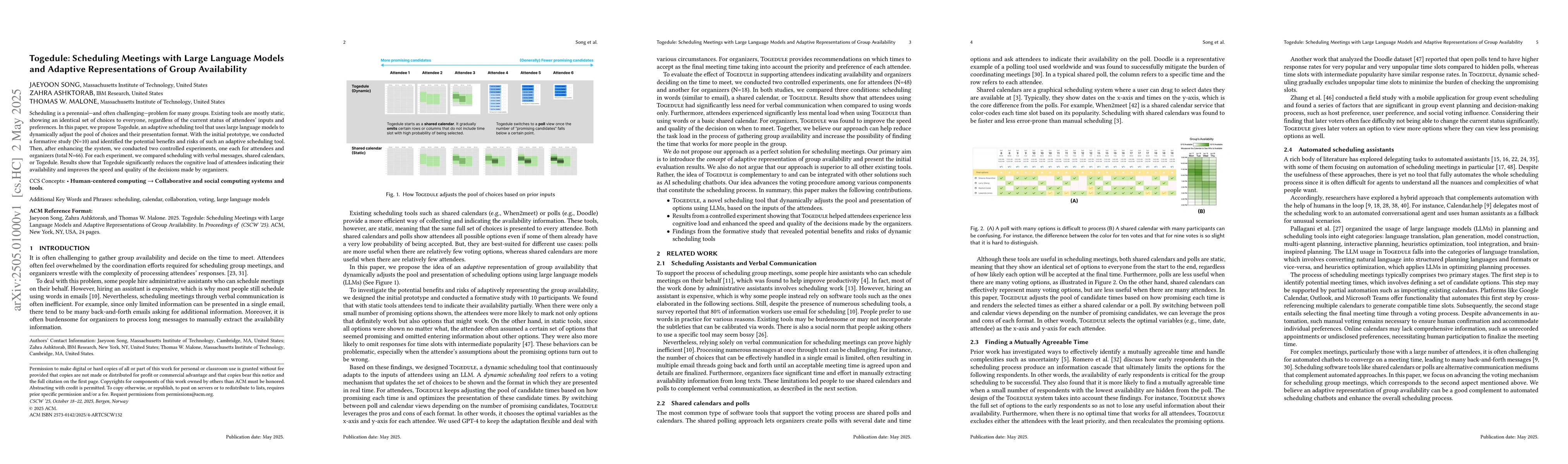 Thumbnail for Togedule: Scheduling Meetings with Large Language Models and Adaptive
  Representations of Group Availability