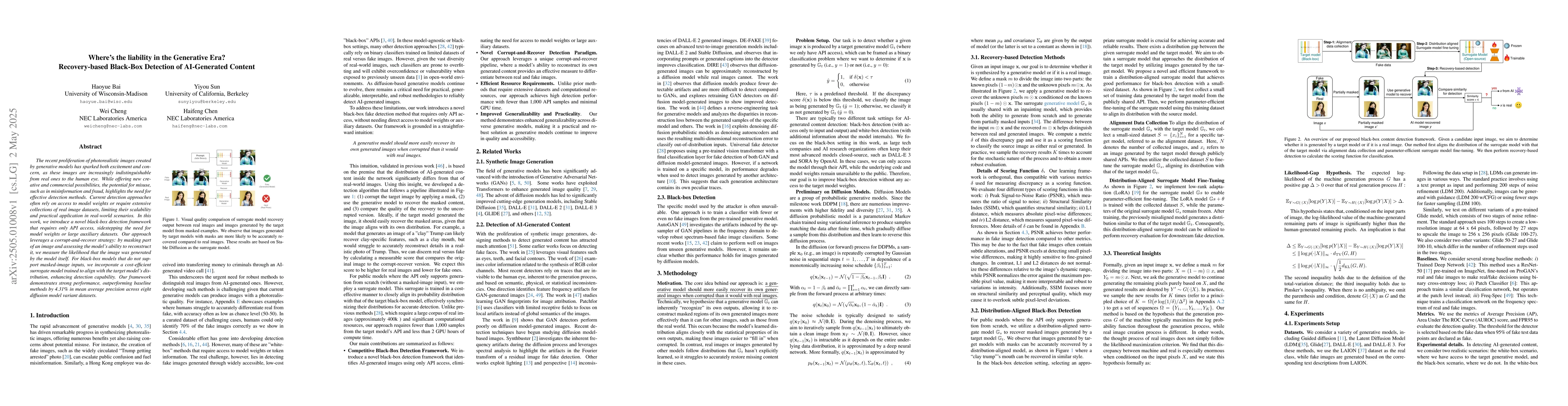 Thumbnail for Where's the liability in the Generative Era? Recovery-based Black-Box
  Detection of AI-Generated Content