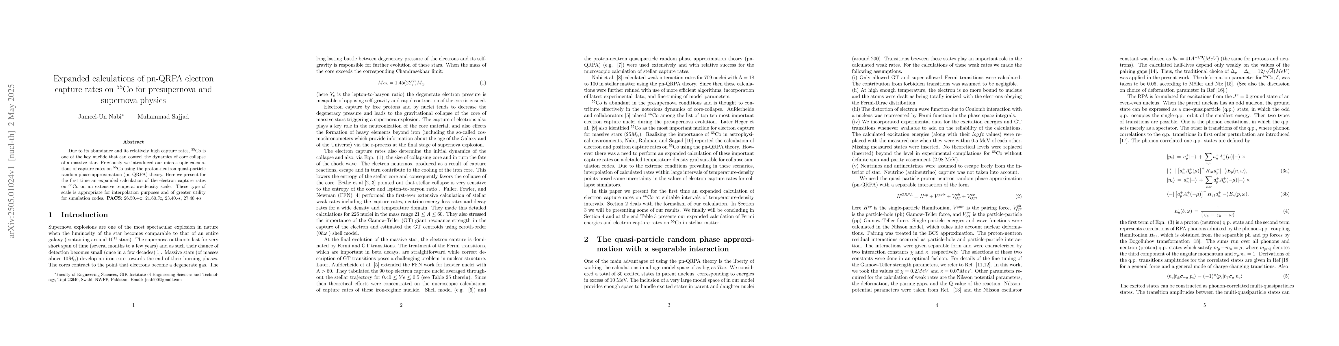 Thumbnail for Expanded calculations of pn-QRPA electron capture rates on $^{55}$Co for
  presupernova and supernova physics