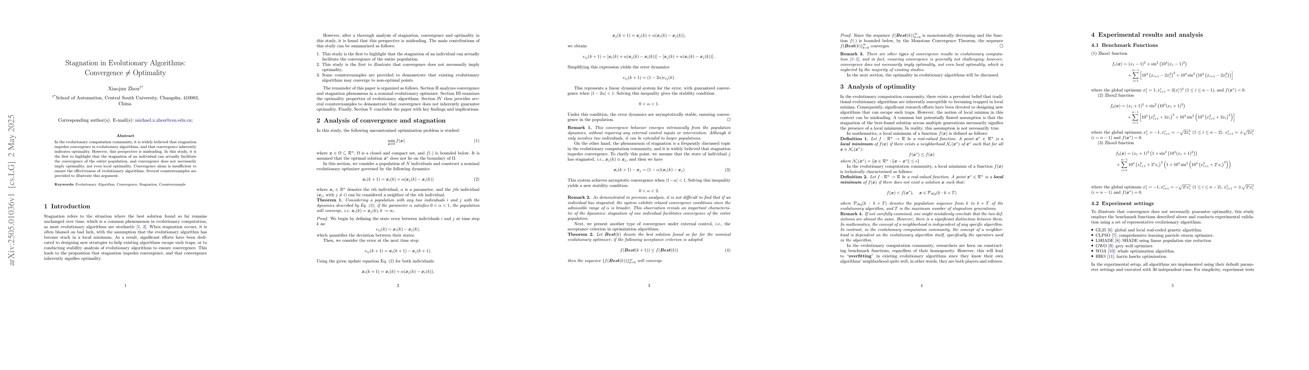 Thumbnail for Stagnation in Evolutionary Algorithms: Convergence $\neq$ Optimality