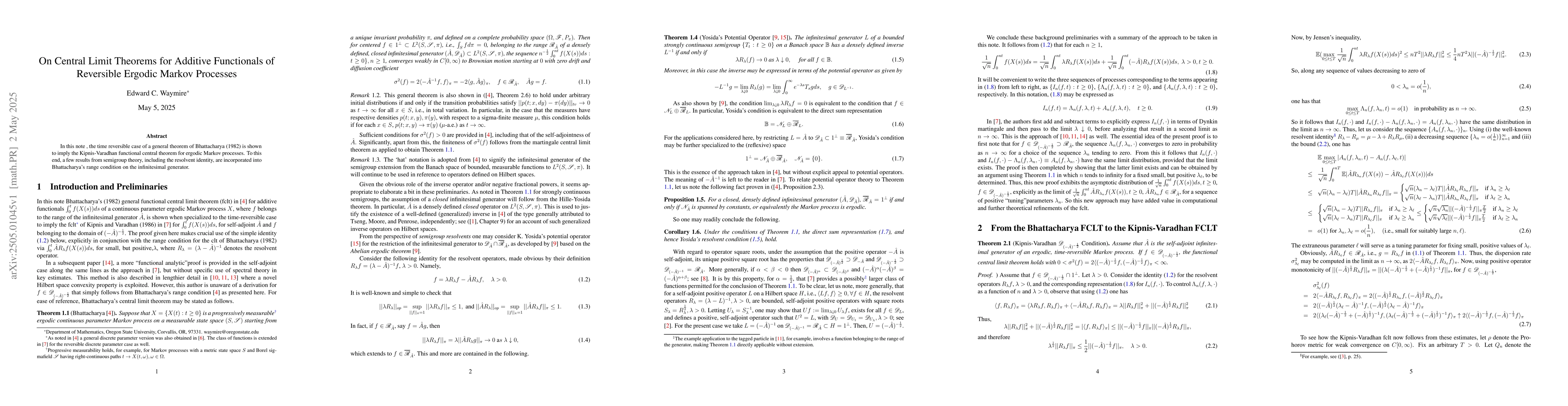 Thumbnail for On Central Limit Theorems for Additive Functionals of Reversible Ergodic
  Markov Processes