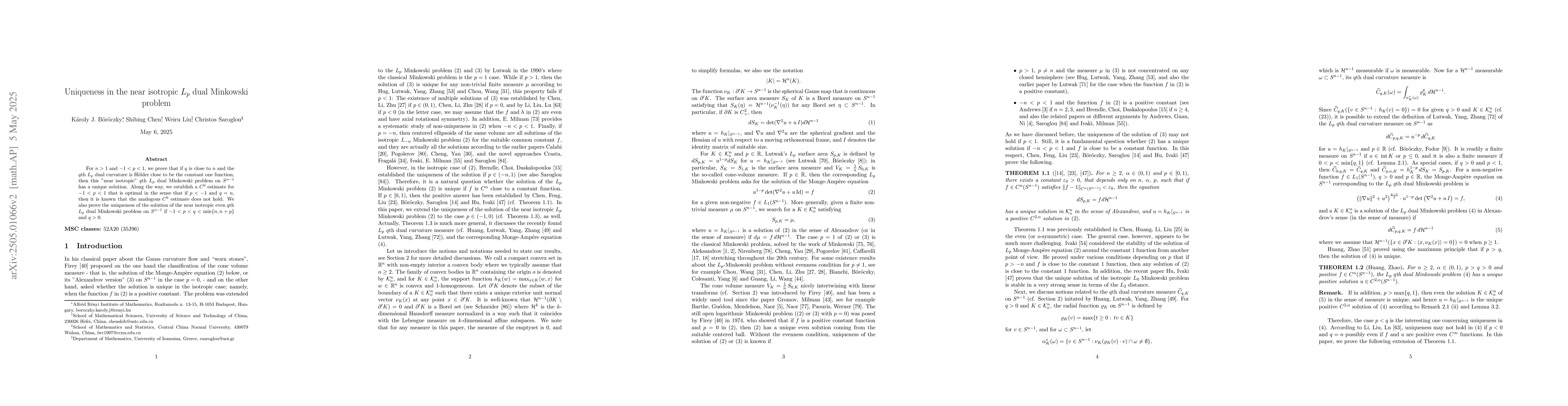 Thumbnail for Uniqueness in the near isotropic Lp dual Minkowski problem