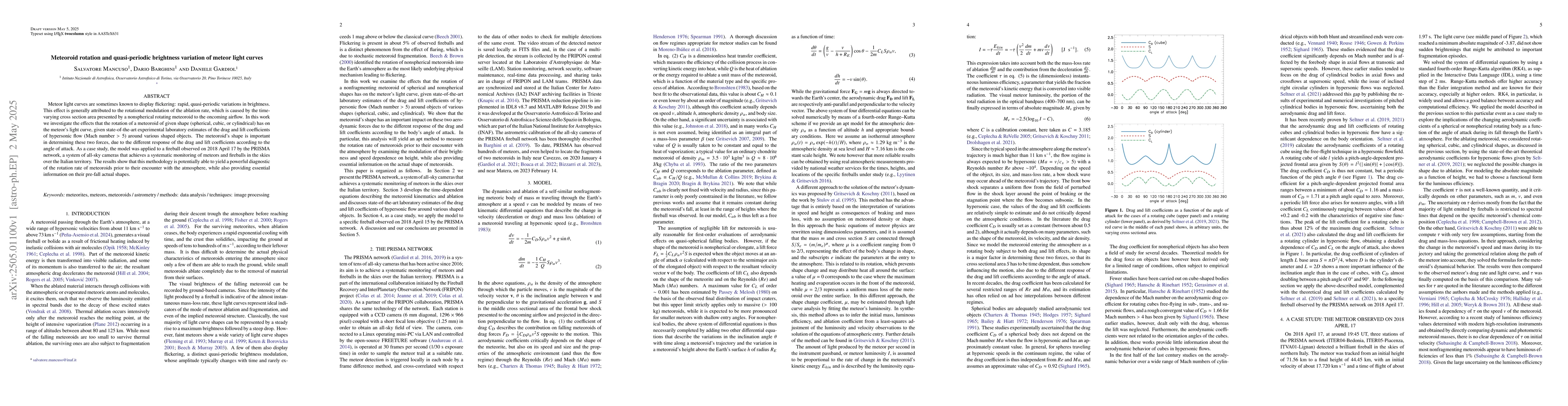 Thumbnail for Meteoroid rotation and quasi-periodic brightness variation of meteor
  light curves