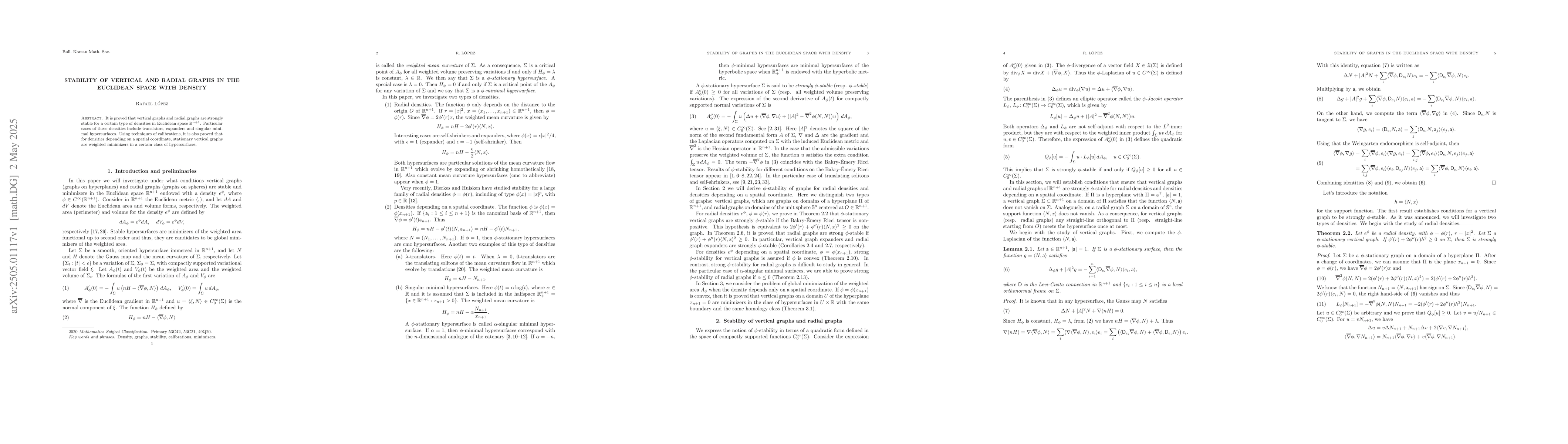 Thumbnail for Stability of vertical and radial graphs in the Euclidean space with
  density