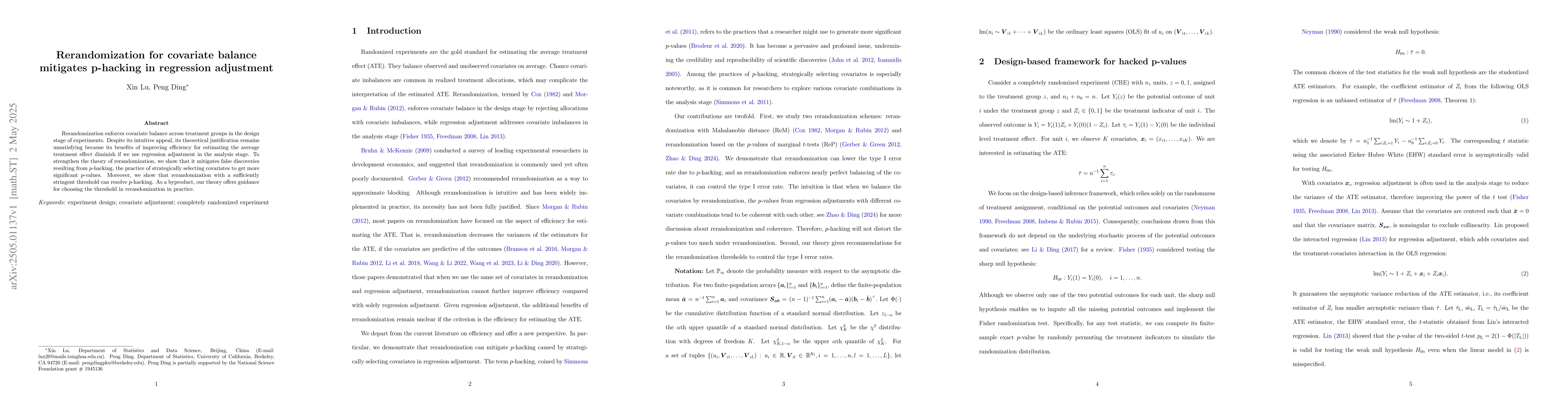 Thumbnail for Rerandomization for covariate balance mitigates p-hacking in regression
  adjustment