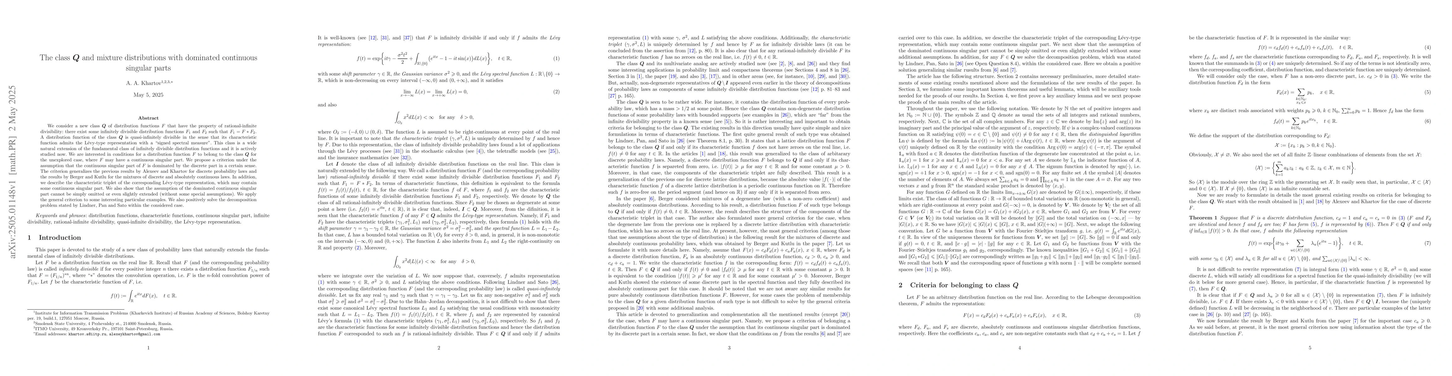 Thumbnail for The class $\boldsymbol{Q}$ and mixture distributions with dominated
  continuous singular parts