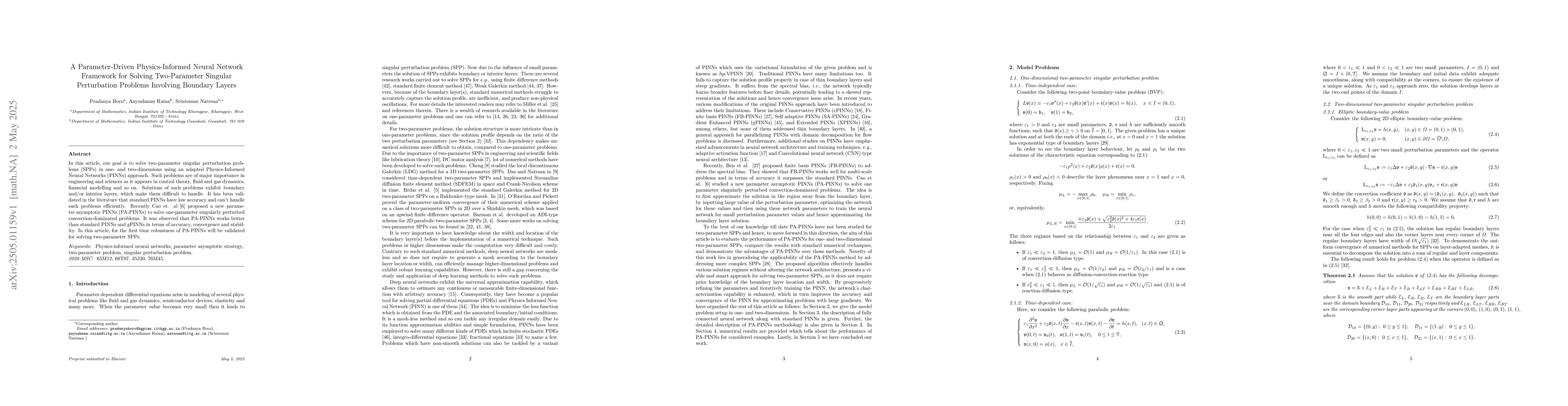 Thumbnail for A Parameter-Driven Physics-Informed Neural Network Framework for Solving
  Two-Parameter Singular Perturbation Problems Involving Boundary Layers