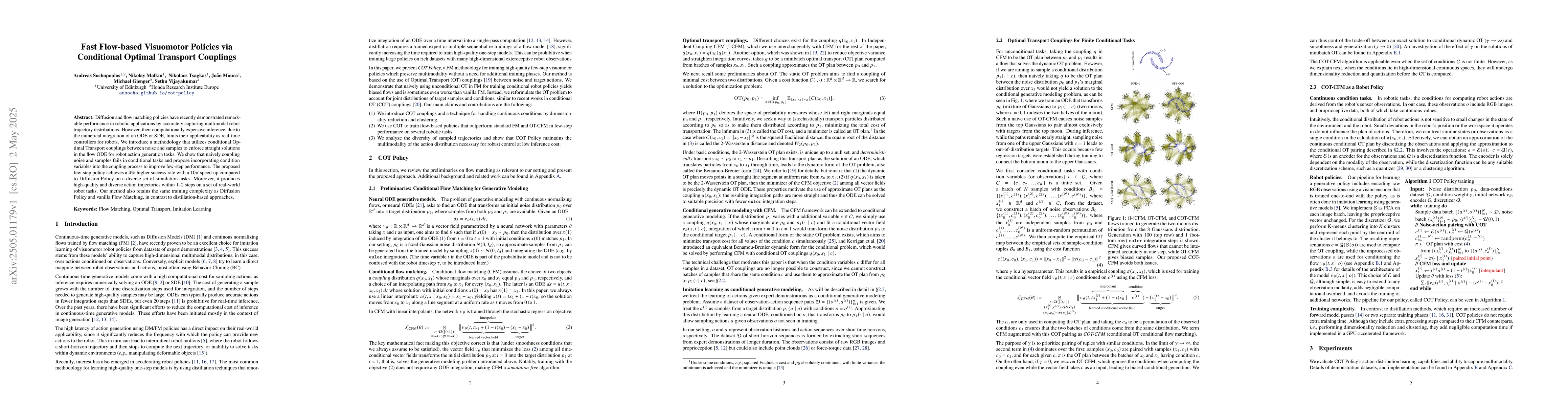 Thumbnail for Fast Flow-based Visuomotor Policies via Conditional Optimal Transport
  Couplings