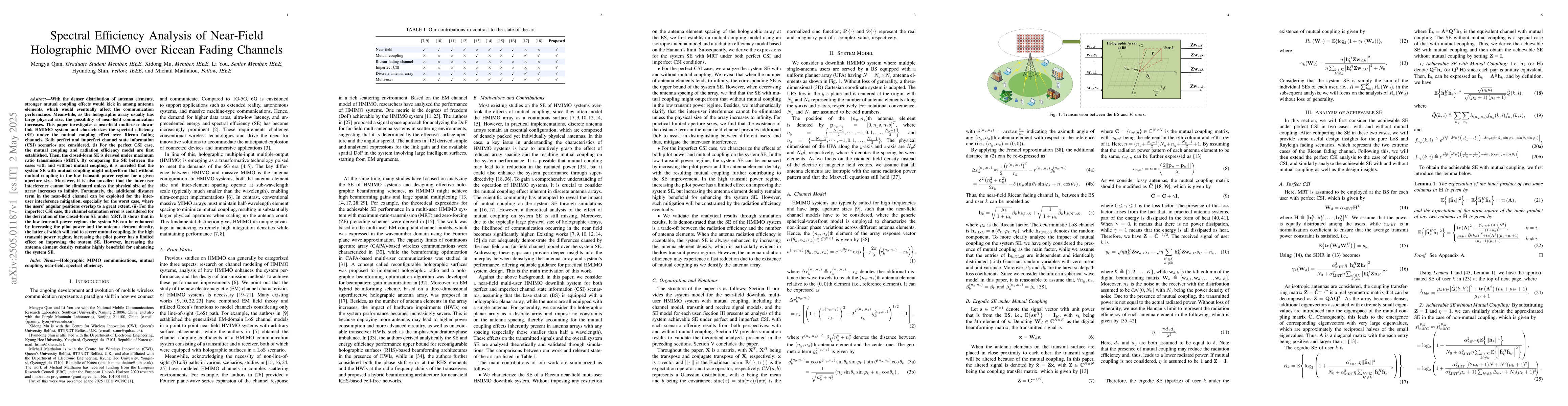 Thumbnail for Spectral Efficiency Analysis of Near-Field Holographic MIMO over Ricean
  Fading Channels