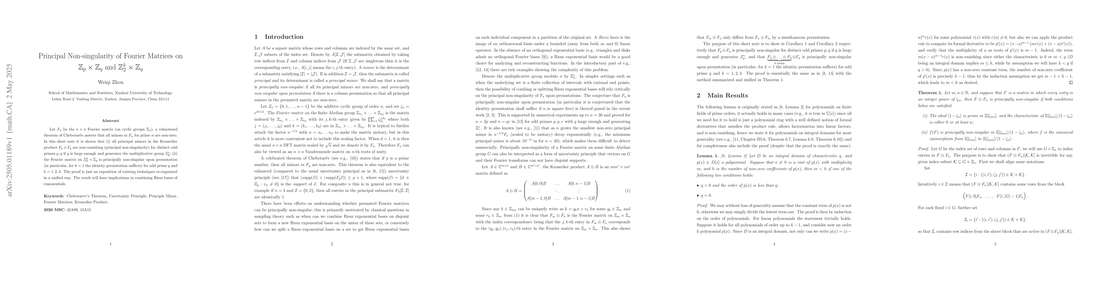 Thumbnail for Principal Non-singularity of Fourier Matrices on $\mathbb Z_p \times
  \mathbb Z_q$ and $\mathbb Z_2^k \times \mathbb Z_q$