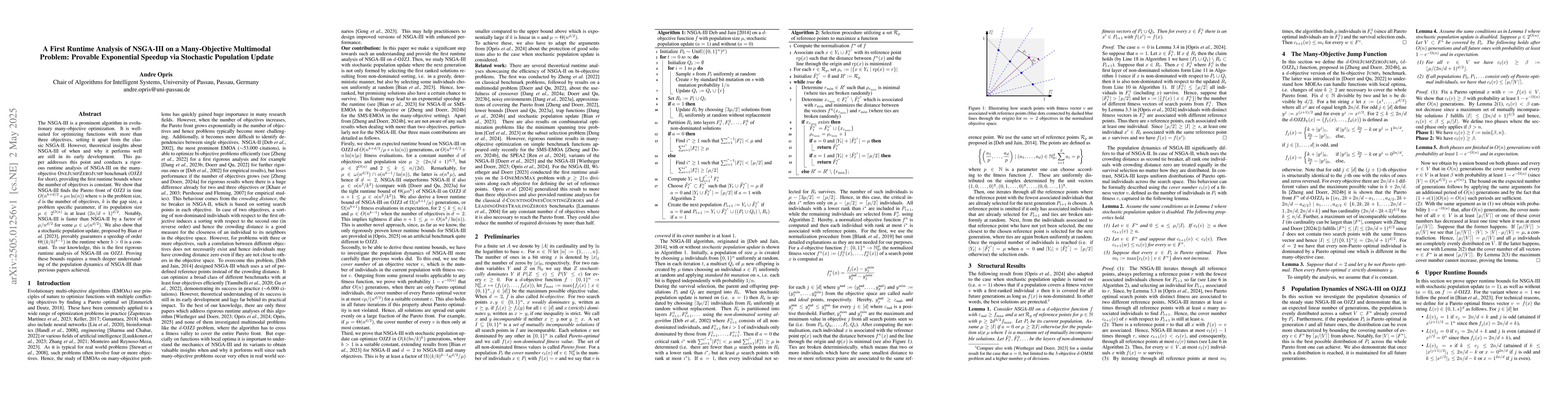 Thumbnail for A First Runtime Analysis of NSGA-III on a Many-Objective Multimodal
  Problem: Provable Exponential Speedup via Stochastic Population Update