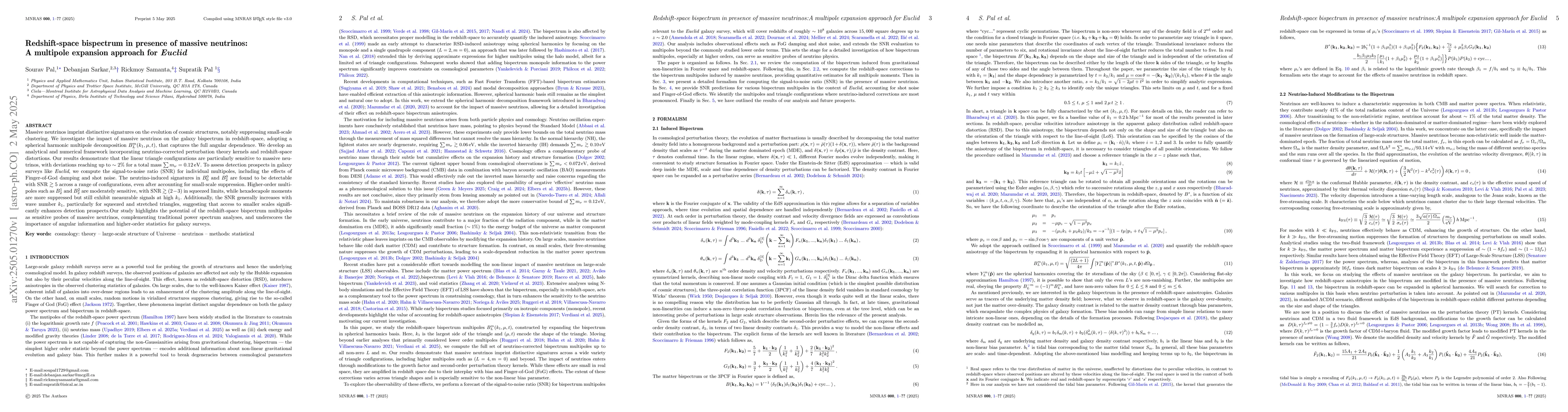 Thumbnail for Redshift-space bispectrum in presence of massive neutrinos: A multipole
  expansion approach for Euclid