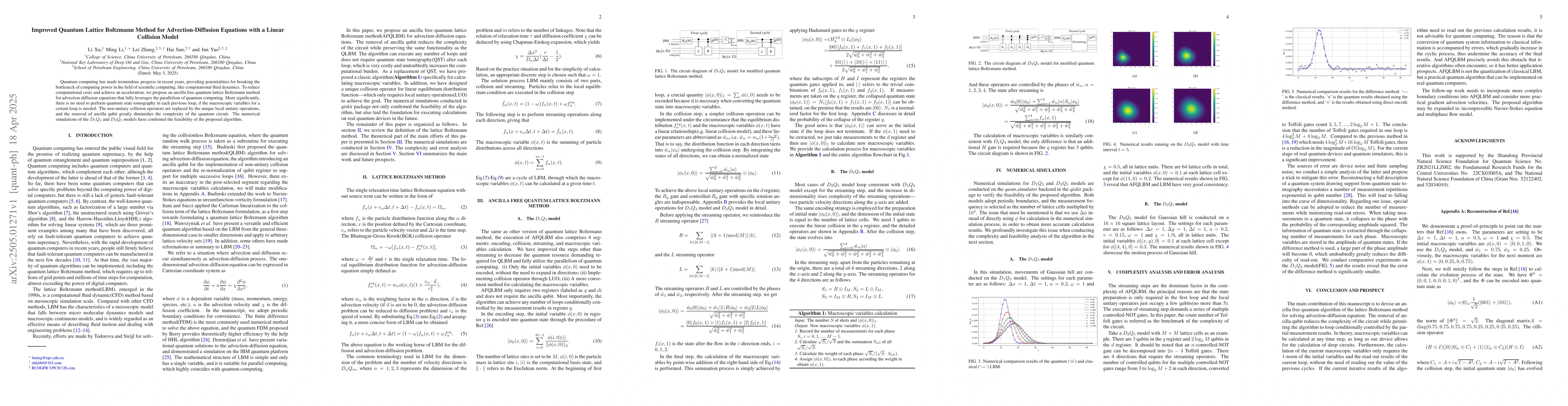 Thumbnail for Improved Quantum Lattice Boltzmann Method for Advection-Diffusion
  Equations with a Linear Collision Model