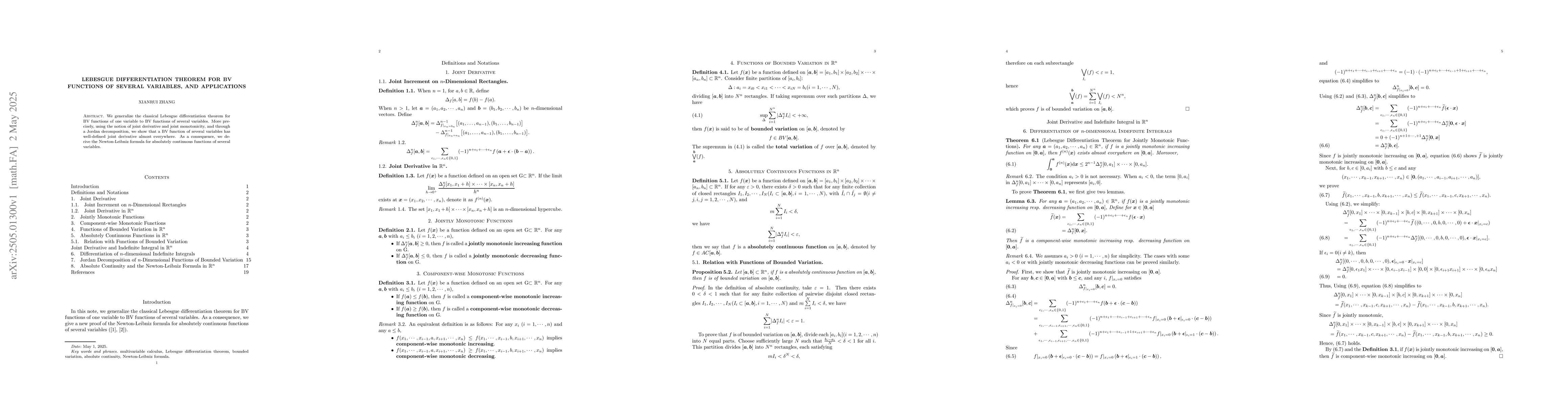 Thumbnail for Lebesgue differentiation theorem for BV functions of several variables,
  and applications