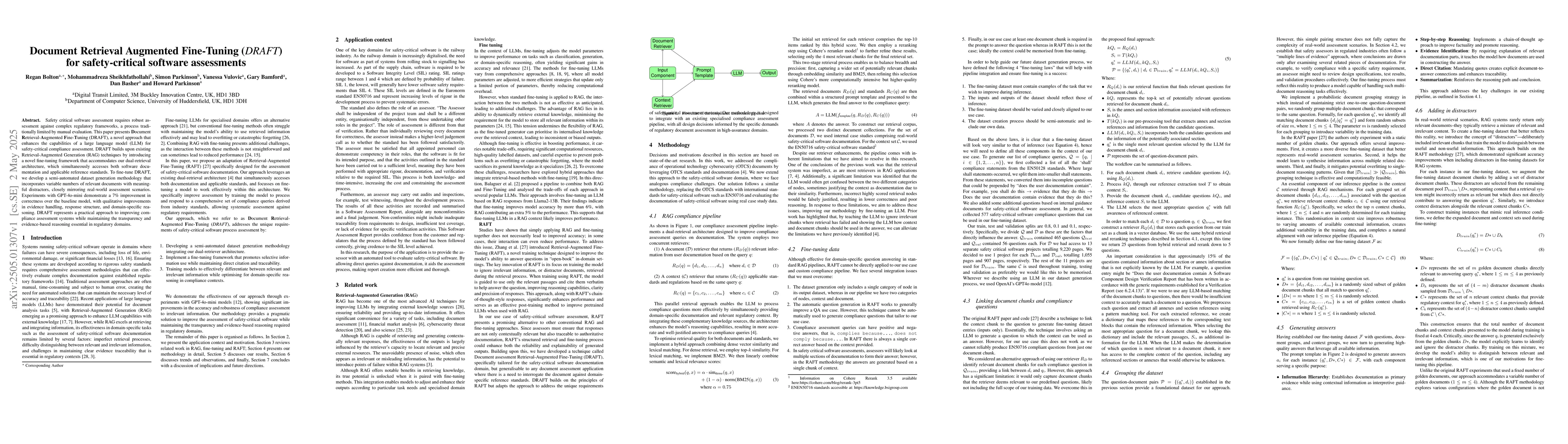 Thumbnail for Document Retrieval Augmented Fine-Tuning (DRAFT) for safety-critical
  software assessments