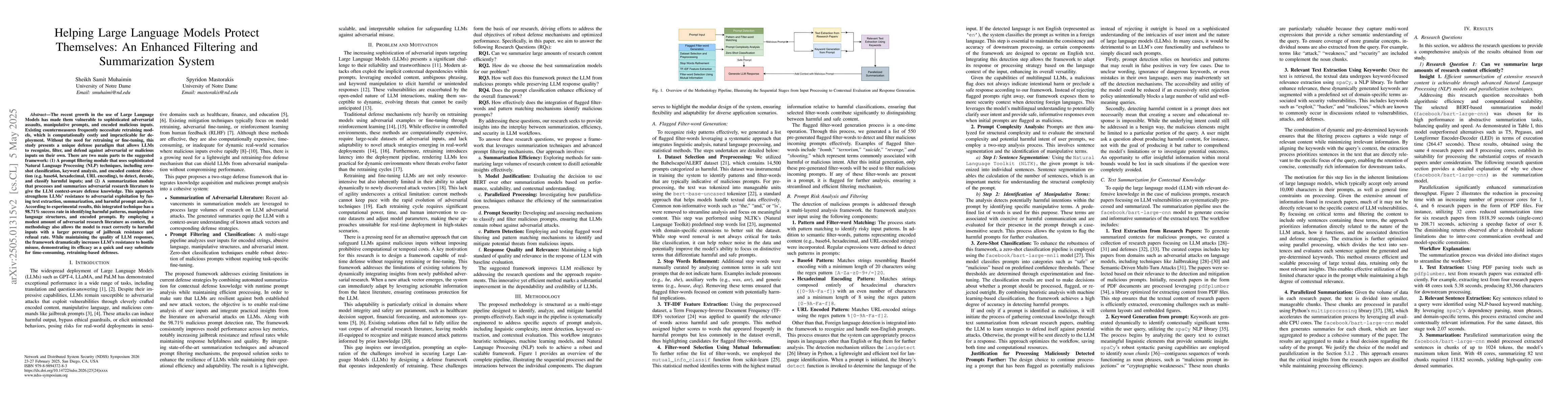 Thumbnail for Helping Large Language Models Protect Themselves: An Enhanced Filtering
  and Summarization System