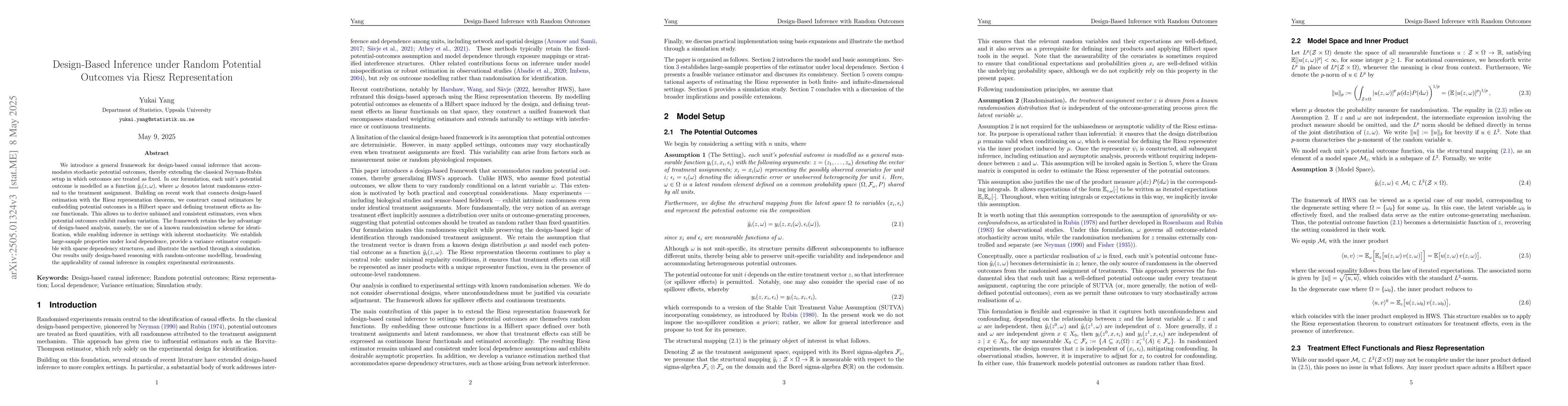 Thumbnail for Design-Based Inference under Random Potential Outcomes via Riesz
  Representation