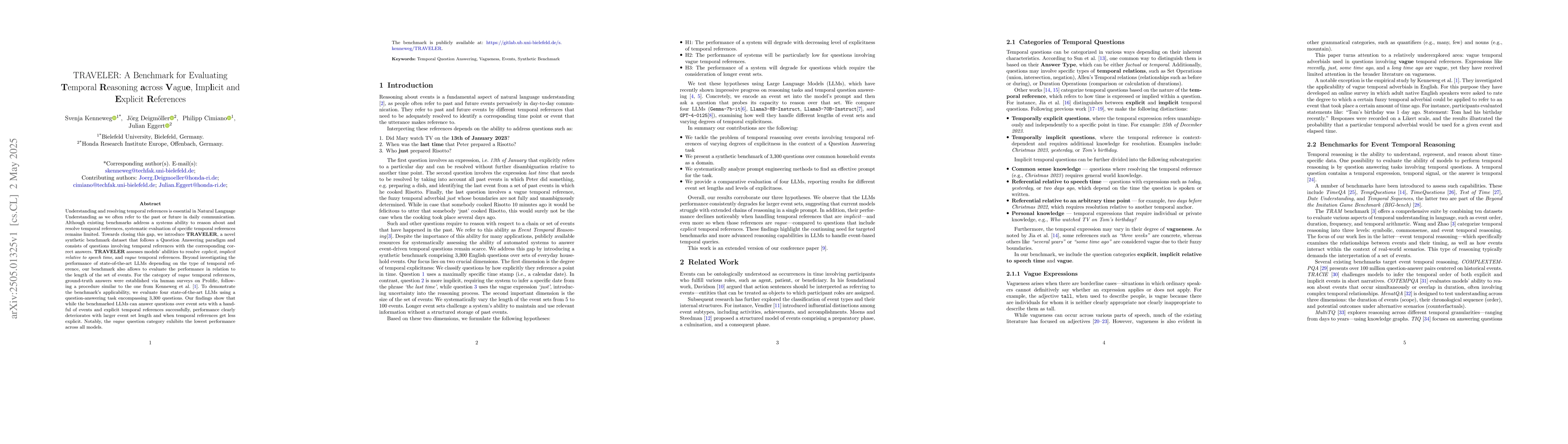 Thumbnail for TRAVELER: A Benchmark for Evaluating Temporal Reasoning across Vague,
  Implicit and Explicit References