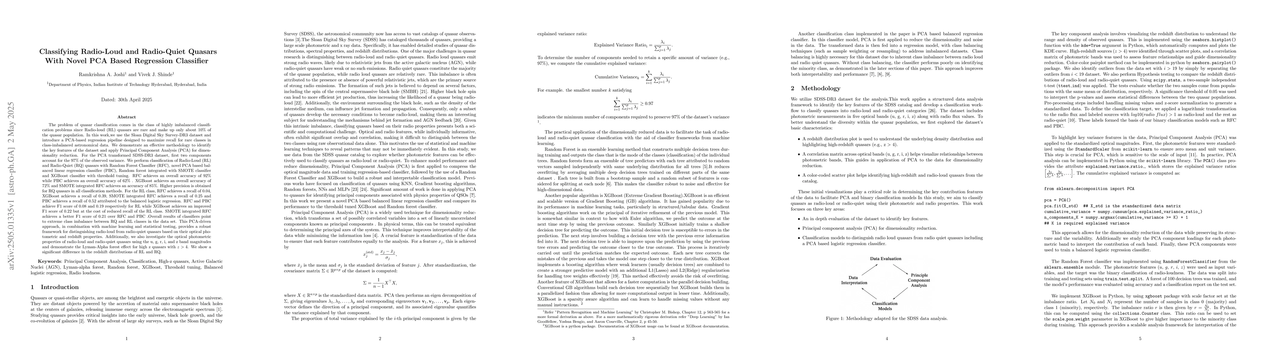 Thumbnail for Classifying Radio-Loud and Radio-Quiet Quasars With Novel PCA Based
  Regression Classifier