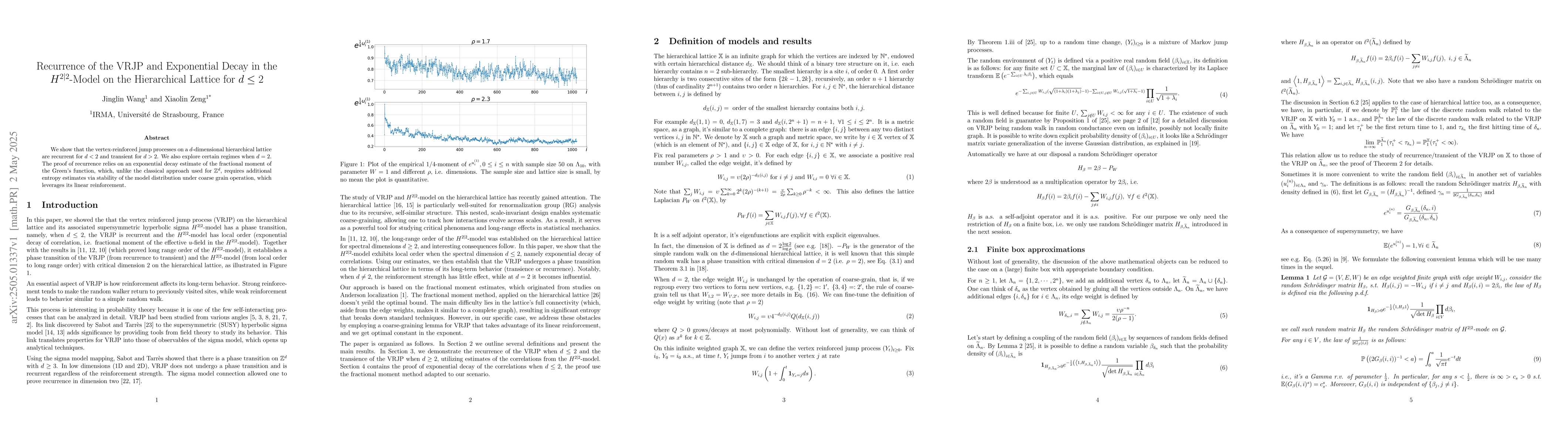 Thumbnail for Recurrence of the VRJP and Exponential Decay in the \(H^{2|2}\)-Model on
  the Hierarchical Lattice for \(d\le 2\)