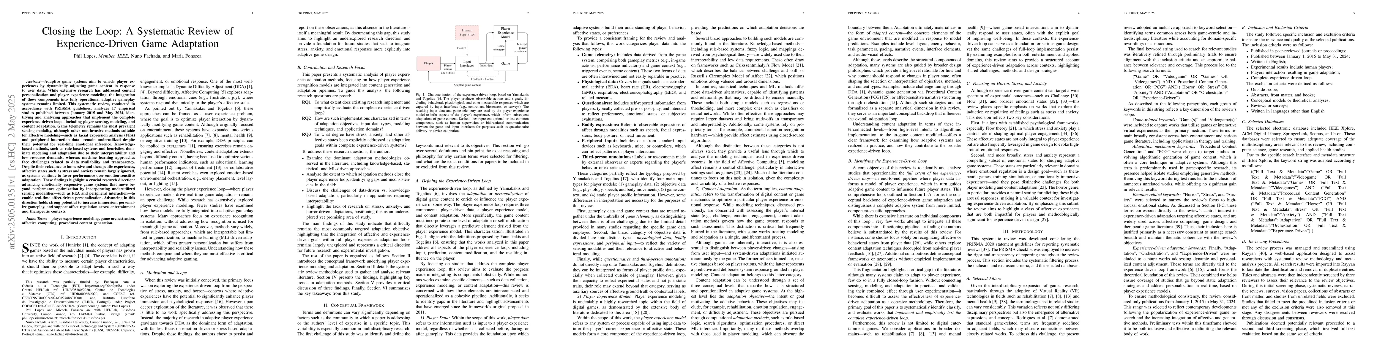 Thumbnail for Closing the Loop: A Systematic Review of Experience-Driven Game
  Adaptation