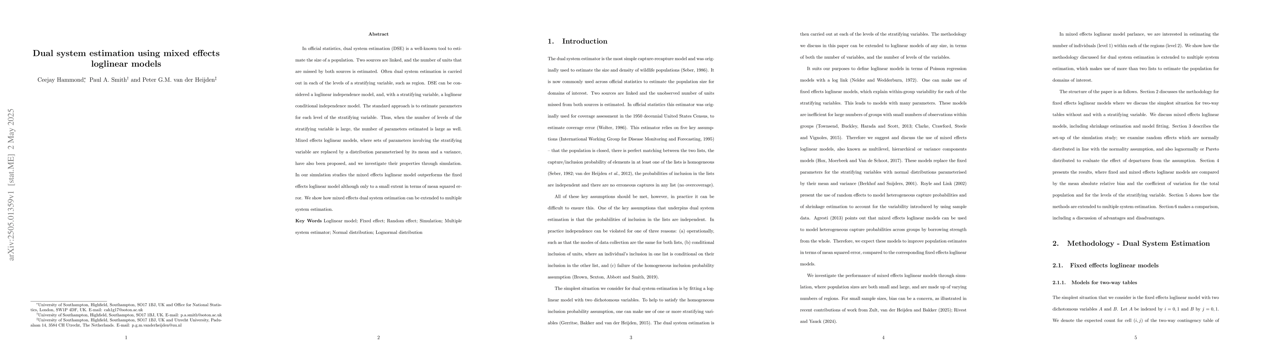 Thumbnail for Dual system estimation using mixed effects loglinear models
