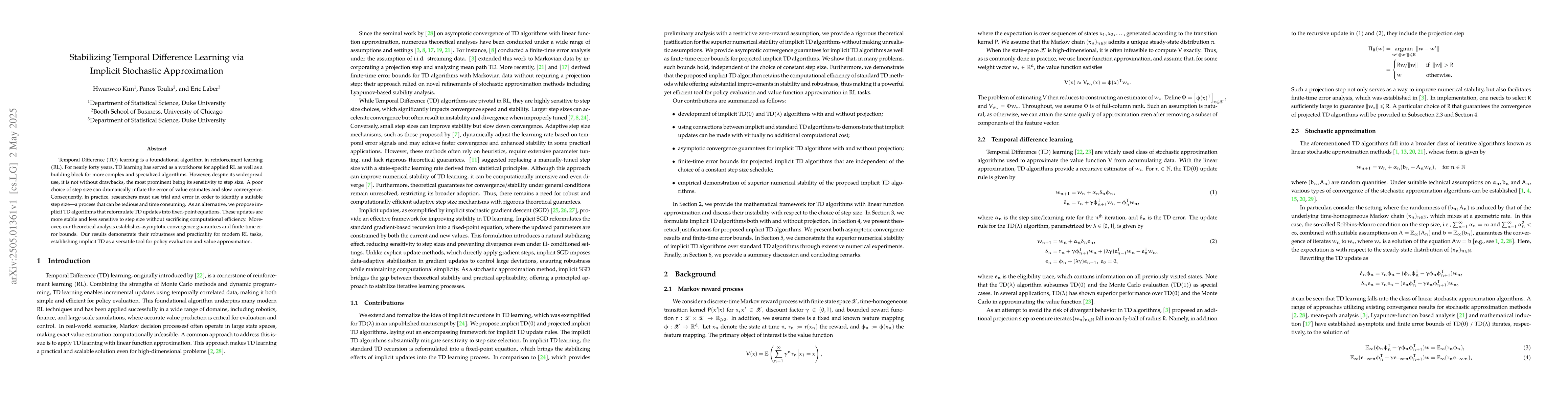 Thumbnail for Stabilizing Temporal Difference Learning via Implicit Stochastic
  Approximation