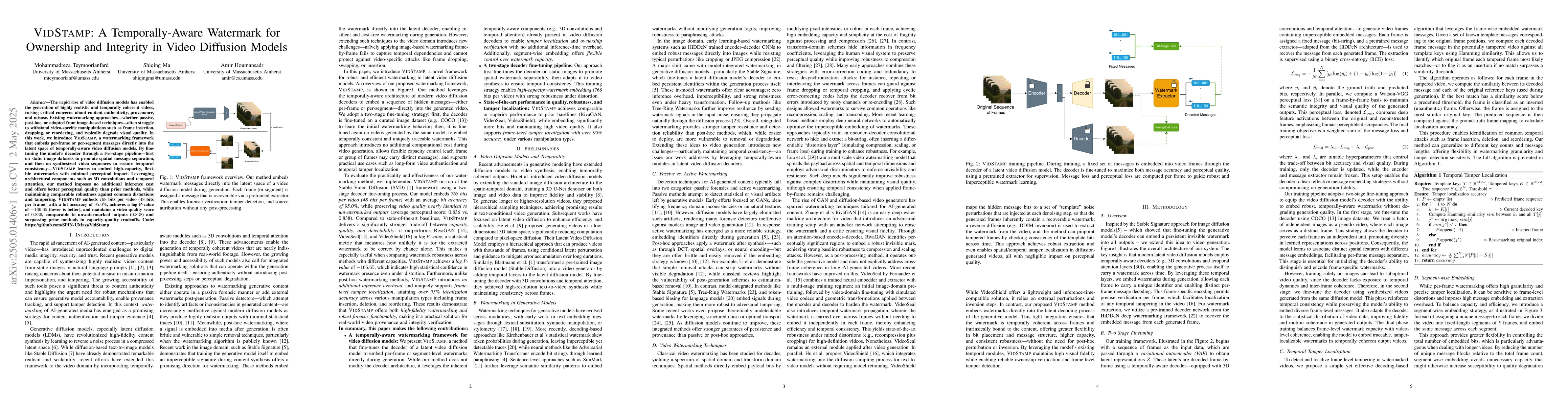 Thumbnail for VIDSTAMP: A Temporally-Aware Watermark for Ownership and Integrity in
  Video Diffusion Models