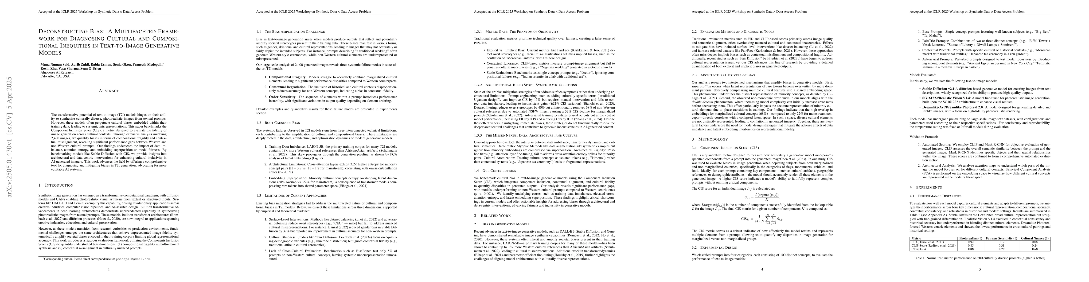 Thumbnail for Deconstructing Bias: A Multifaceted Framework for Diagnosing Cultural
  and Compositional Inequities in Text-to-Image Generative Models