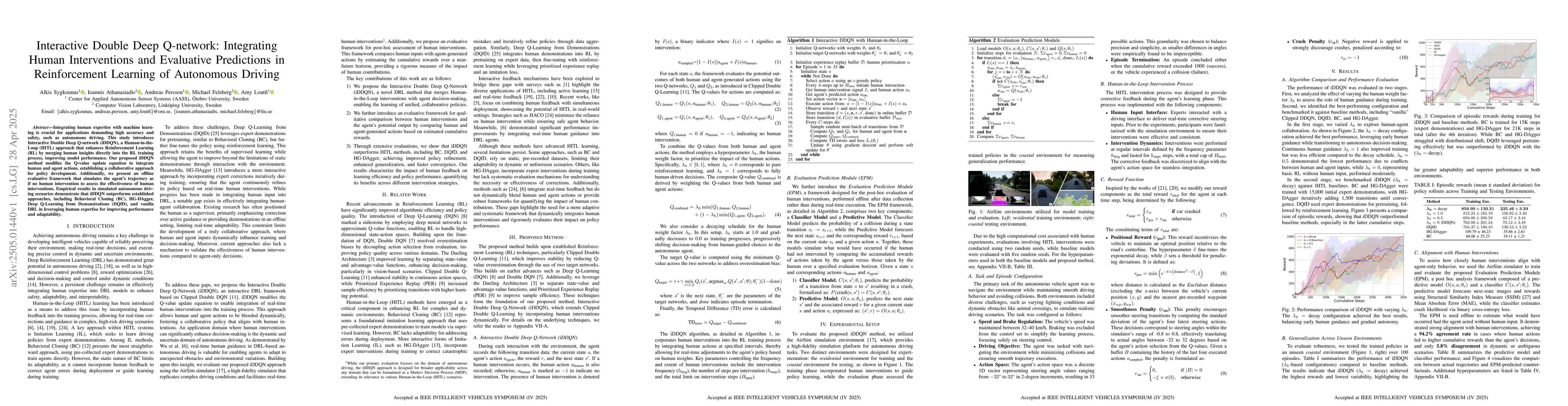 Thumbnail for Interactive Double Deep Q-network: Integrating Human Interventions and
  Evaluative Predictions in Reinforcement Learning of Autonomous Driving