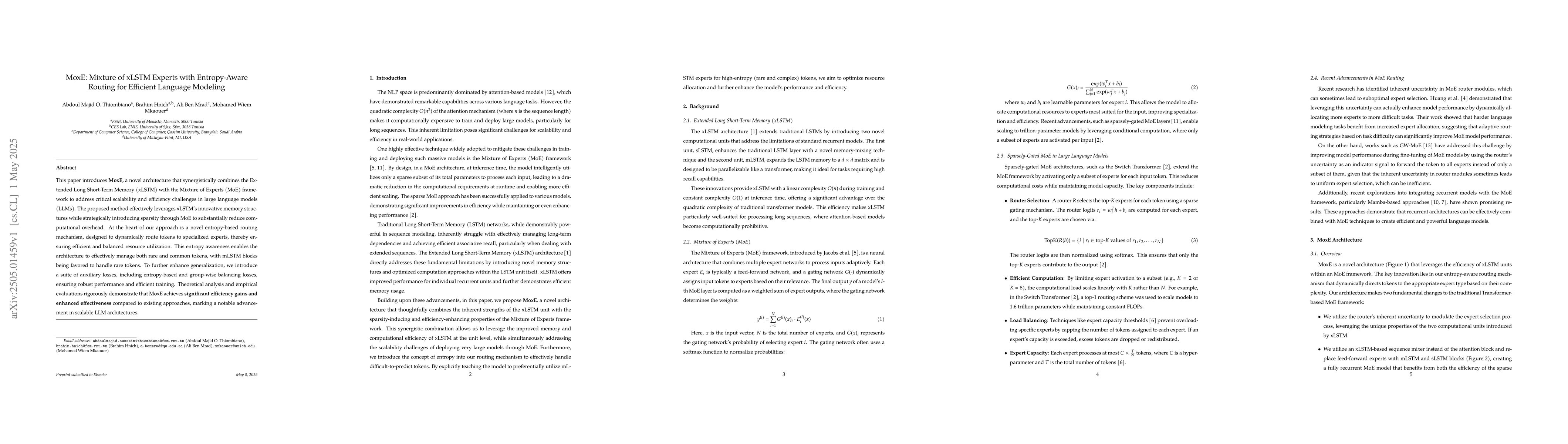 Thumbnail for MoxE: Mixture of xLSTM Experts with Entropy-Aware Routing for Efficient
  Language Modeling