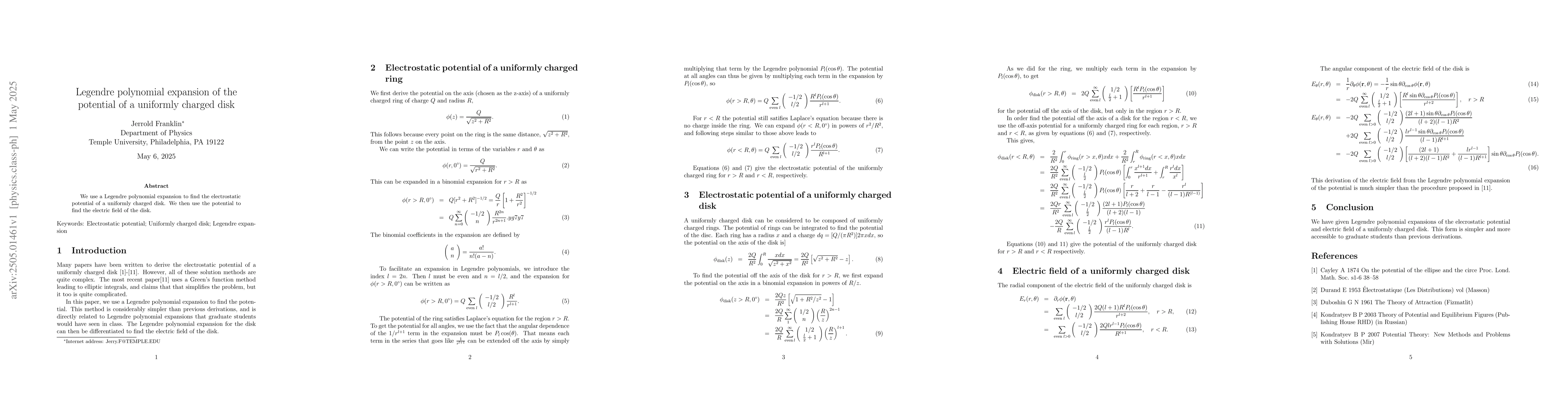 Thumbnail for Legendre polynomial expansion of the potential of a uniformly charged
  disk