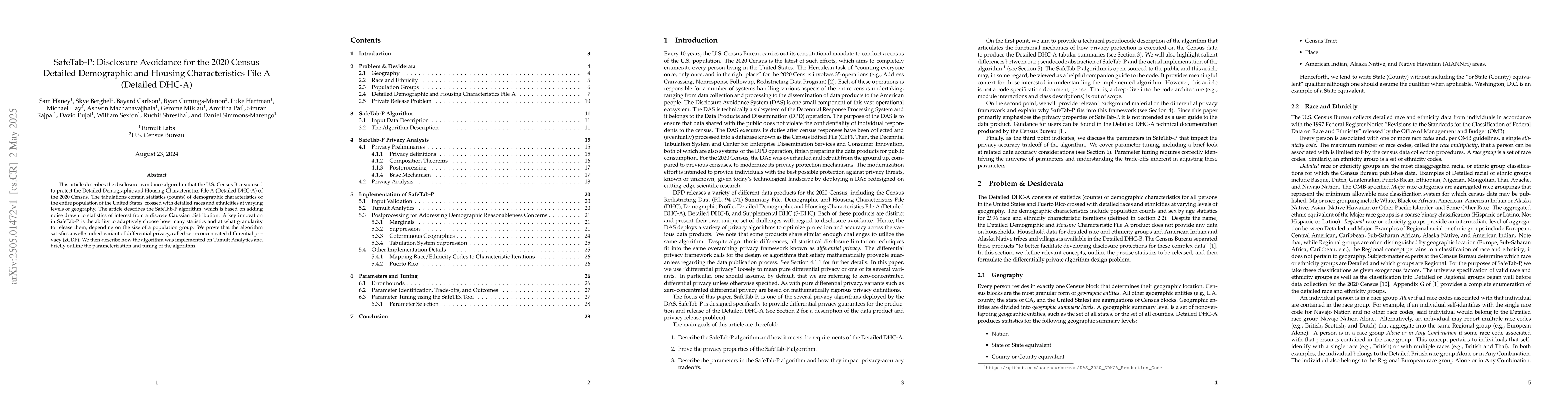 Thumbnail for SafeTab-P: Disclosure Avoidance for the 2020 Census Detailed Demographic
  and Housing Characteristics File A (Detailed DHC-A)