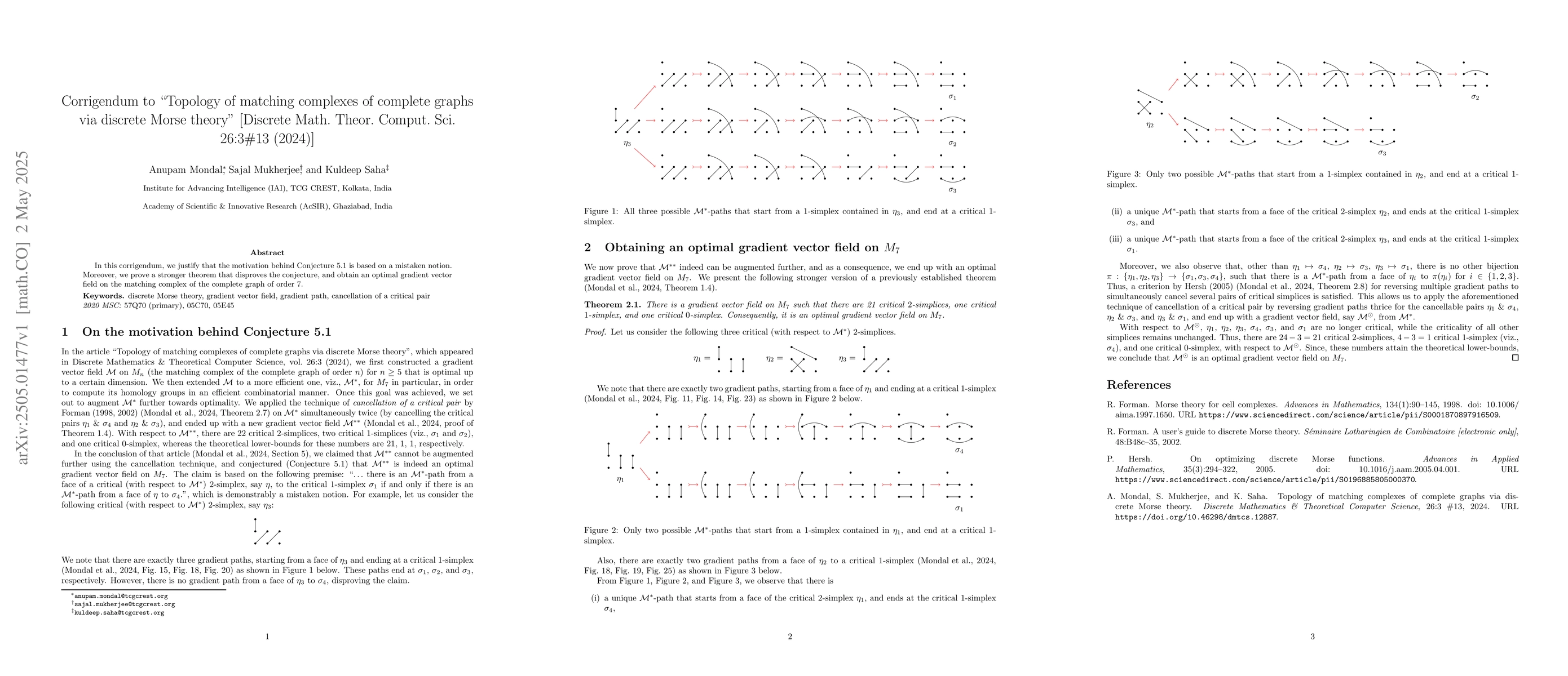 Thumbnail for Corrigendum to "Topology of matching complexes of complete graphs via
  discrete Morse theory'' [arXiv:2305.02973, Discrete Math. Theor. Comput. Sci.
  26:3#13 (2024)]
