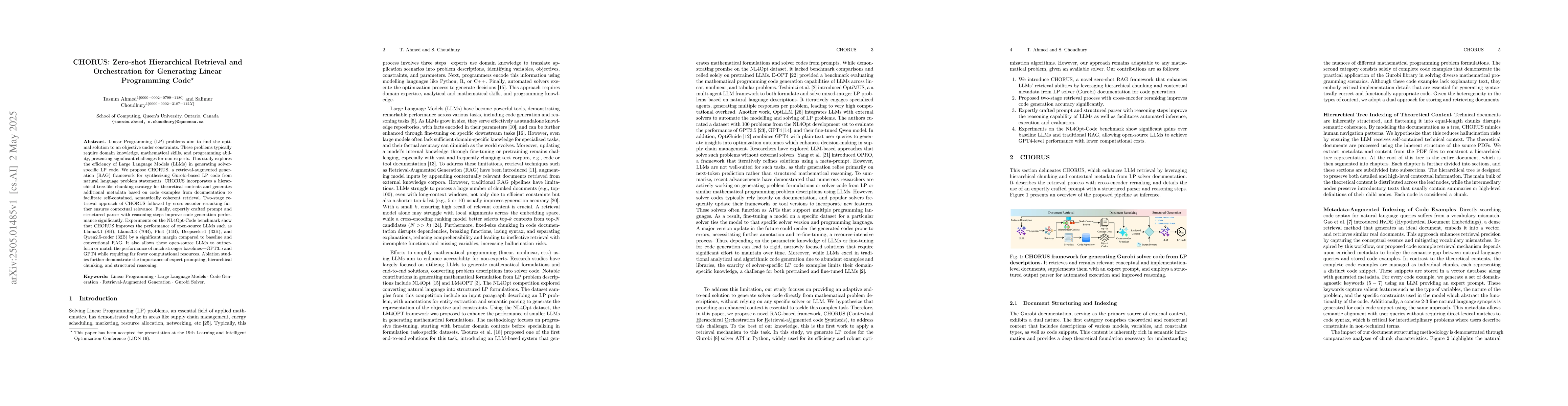 Thumbnail for CHORUS: Zero-shot Hierarchical Retrieval and Orchestration for
  Generating Linear Programming Code