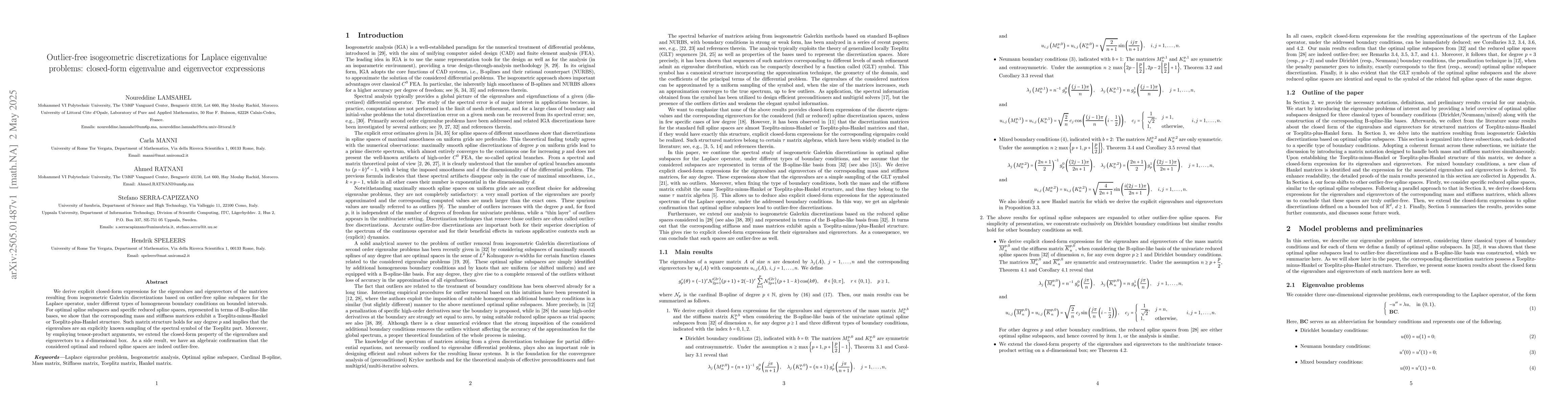 Thumbnail for Outlier-free isogeometric discretizations for Laplace eigenvalue
  problems: closed-form eigenvalue and eigenvector expressions