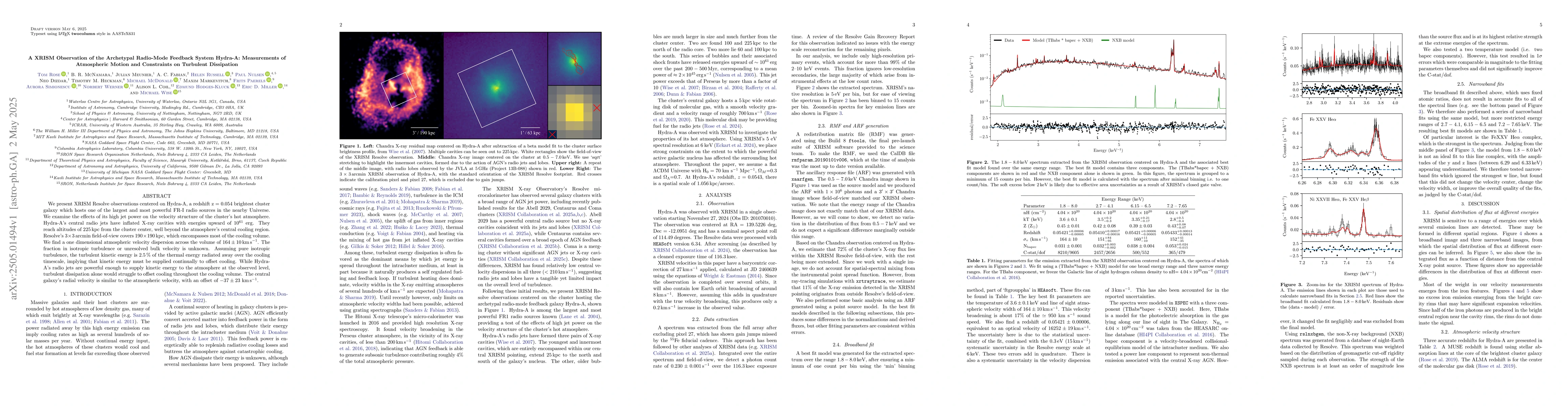 Thumbnail for A XRISM Observation of the Archetypal Radio-Mode Feedback System
  Hydra-A: Measurements of Atmospheric Motion and Constraints on Turbulent
  Dissipation