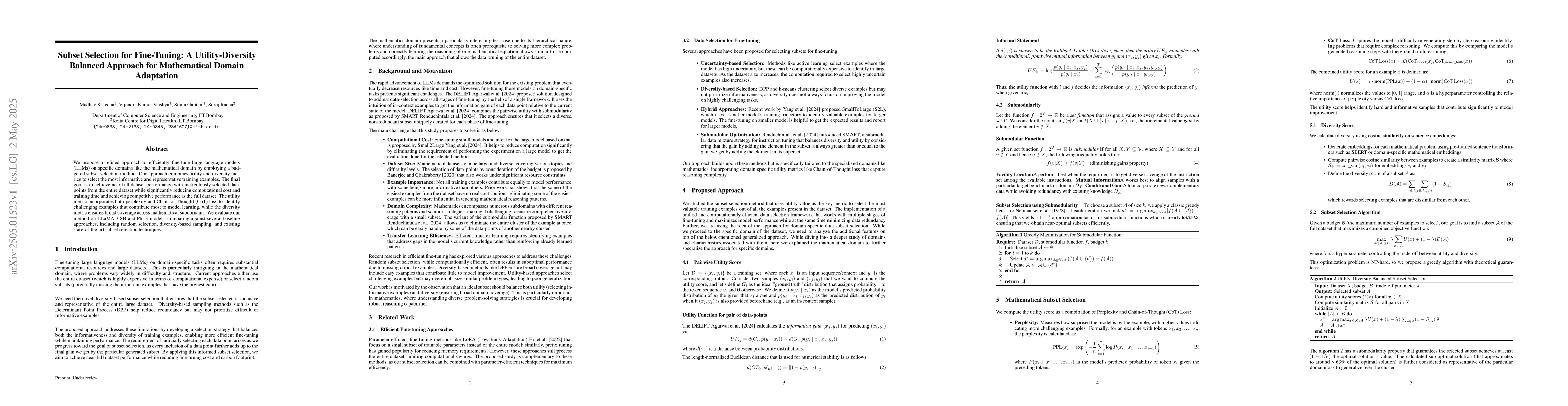 Thumbnail for Subset Selection for Fine-Tuning: A Utility-Diversity Balanced Approach
  for Mathematical Domain Adaptation
