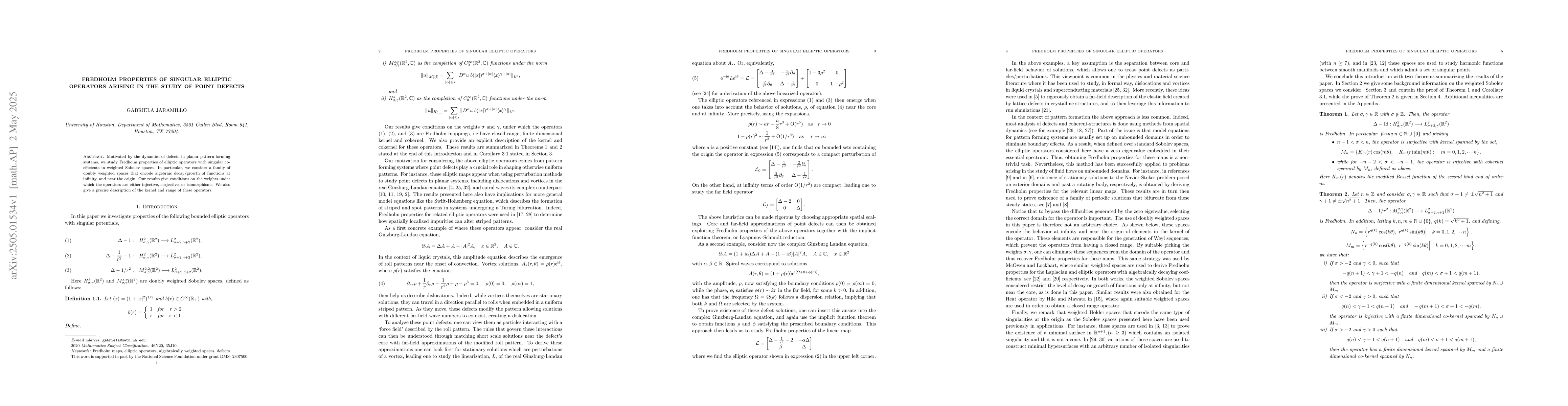 Thumbnail for Fredholm properties of singular elliptic operators arising in the study
  of point defects