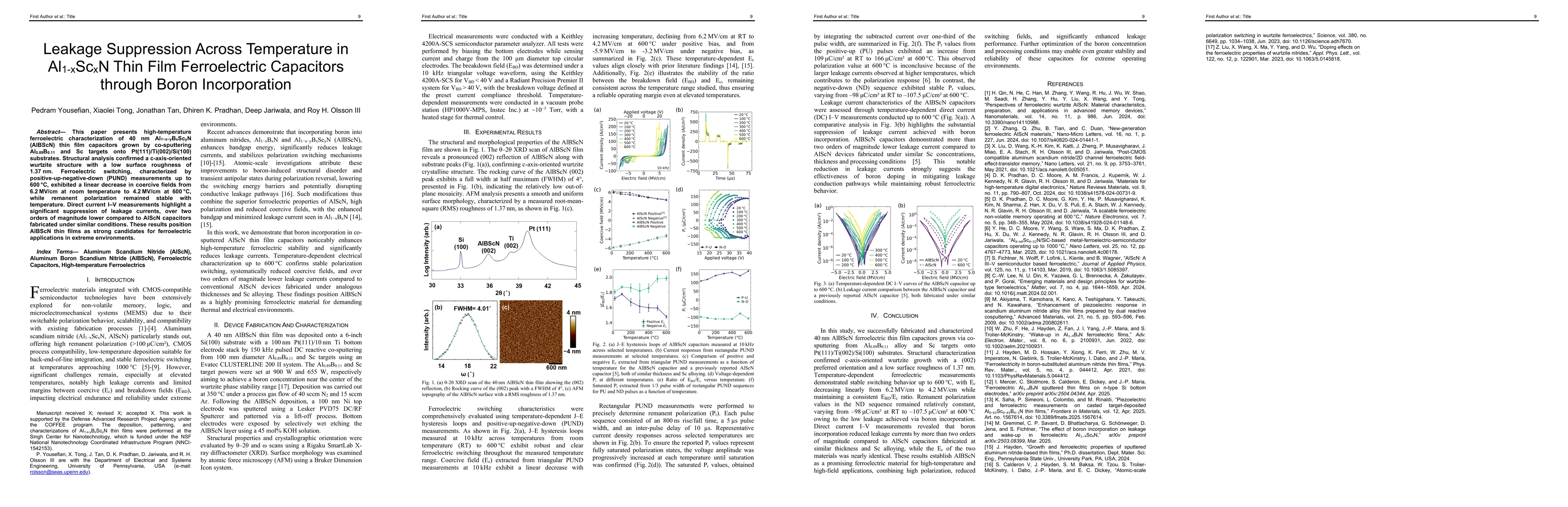 Thumbnail for Leakage Suppression Across Temperature in Al1-xScxN Thin Film
  Ferroelectric Capacitors through Boron Incorporation