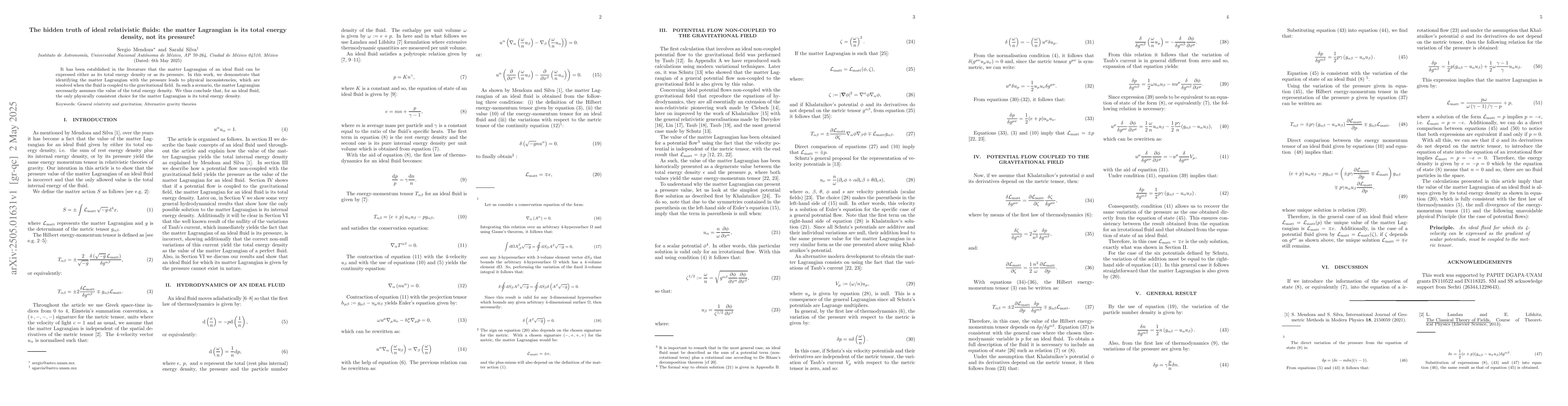 Thumbnail for The hidden truth of ideal relativistic fluids: the matter Lagrangian is
  its total energy density, not its pressure!