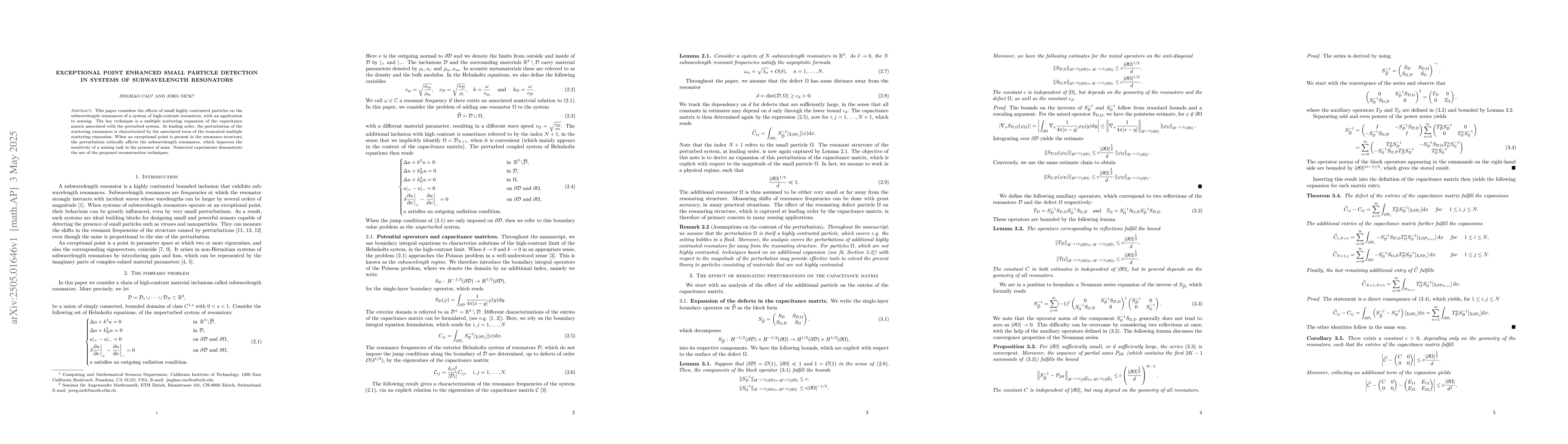Thumbnail for Exceptional point enhanced small particle detection in systems of
  subwavelength resonators