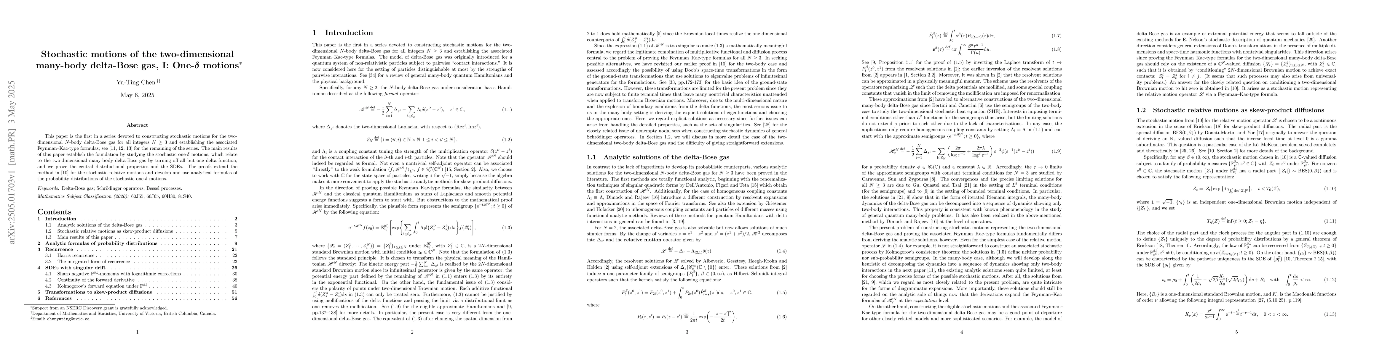 Thumbnail for Stochastic motions of the two-dimensional many-body delta-Bose gas, I:
  One-$δ$ motions