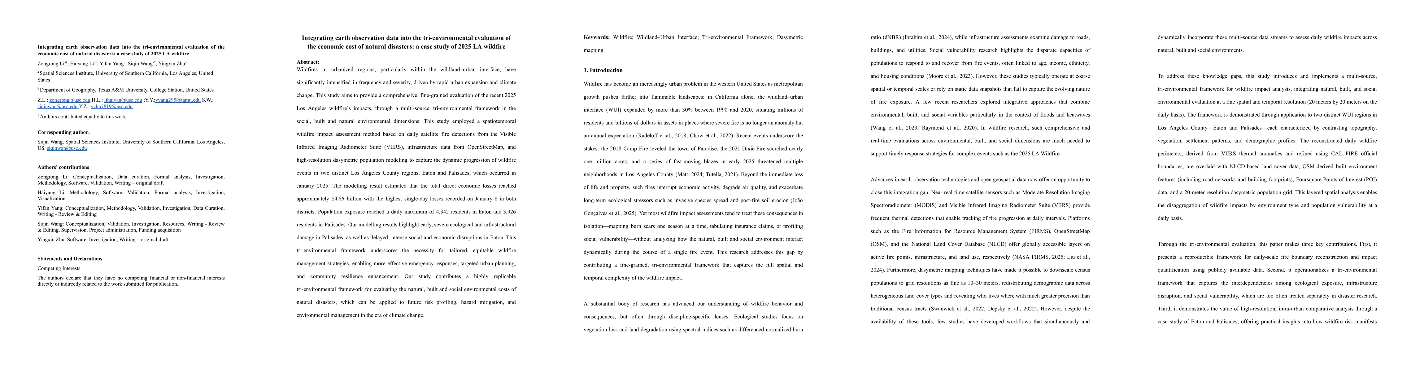 Thumbnail for Integrating earth observation data into the tri-environmental evaluation
  of the economic cost of natural disasters: a case study of 2025 LA wildfire