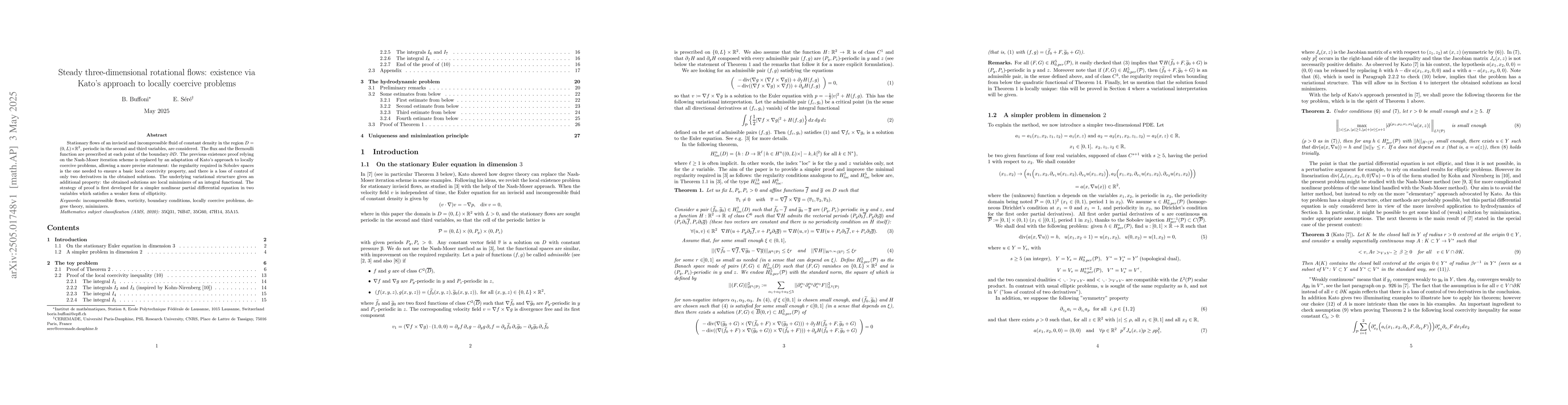 Thumbnail for Steady three-dimensional rotational flows: existence via Kato's approach
  to locally coercive problems